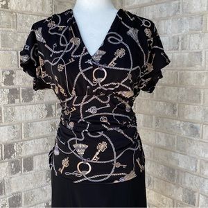 WHBM Black Rope & Tassel print Ruched Jersey Blouse